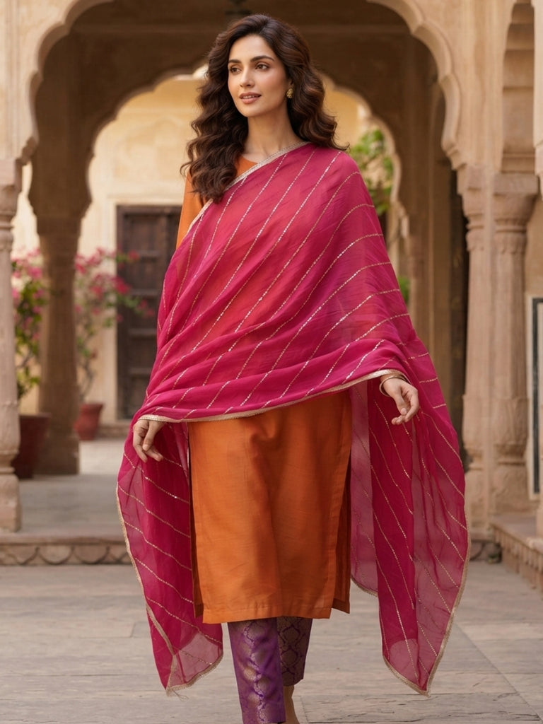 Sequinned Embroidered Fuchsia Pink Premium Fluid Shimmer Satin Dupatta