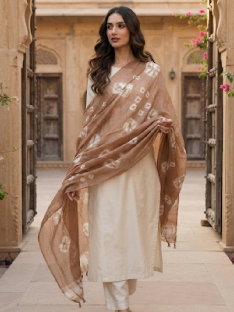 Light Brown & White linen Bandhini Dupatta with Organza Border and Tassels
