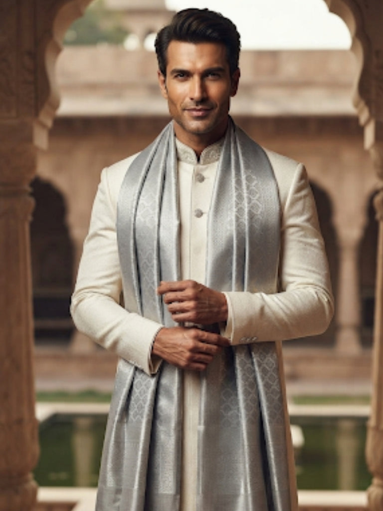 Men's Silver Tissue Silk Dupatta for Kurta/Sherwani/Achkan