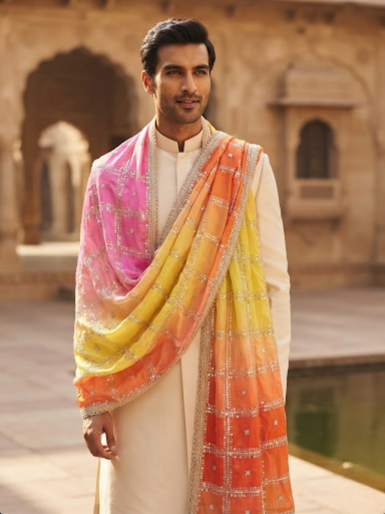 Men's Embroidered Pink & Yellow Shaded Silk Dupatta for Kurta/Sherwani/Achkan