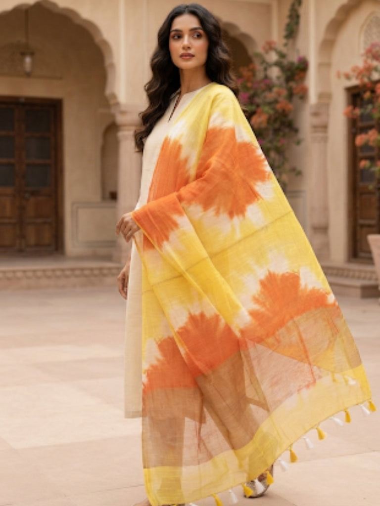 Yellow & Orange linen Shiborii Dupatta with Organza Border and Tassels