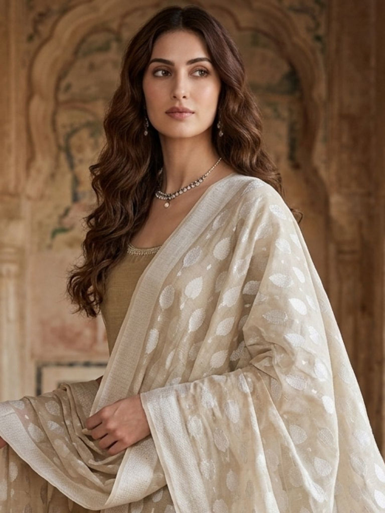 Cream Banarasi Cotton Blend Dupatta