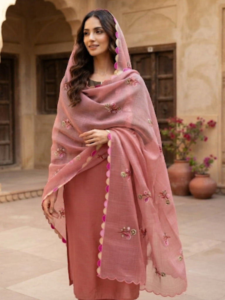 Coral Embroidered Pure Kota Cotton Dupatta with Scallops
