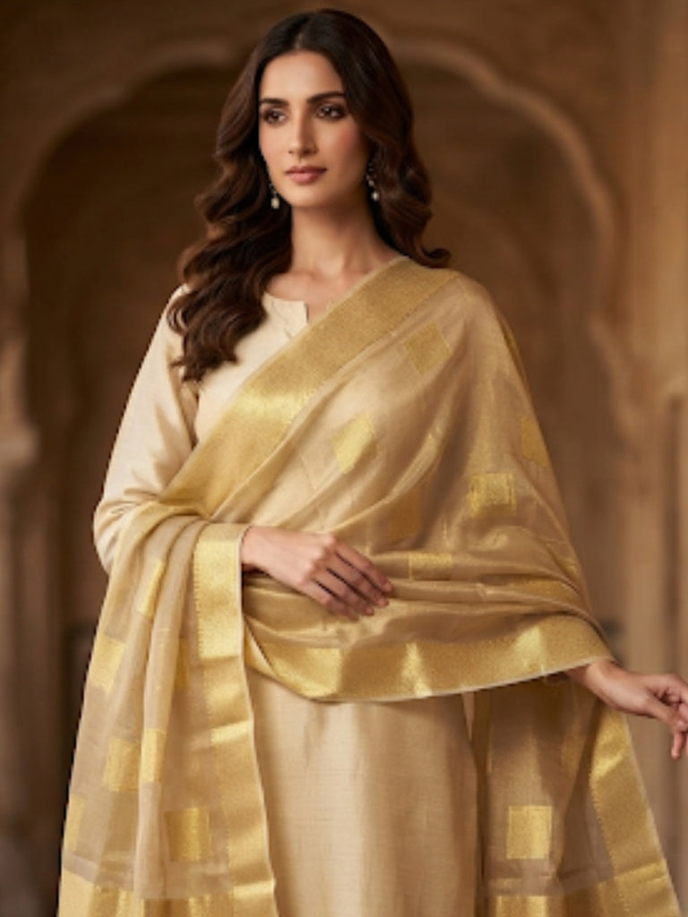 Gold Banarasi Tissue Silk Dupatta with Woven Square Motifs