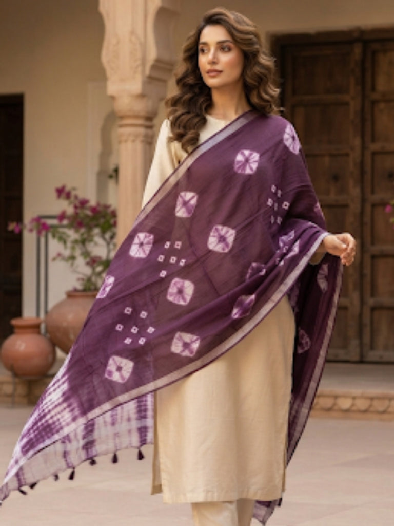 Purple linen Bandhini and Shibori Dupatta
