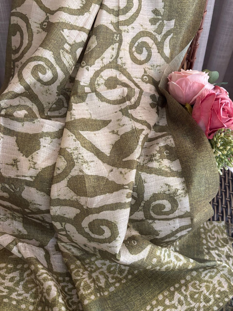 Olive Green Batik Printed Art Silk Stole/SCARF