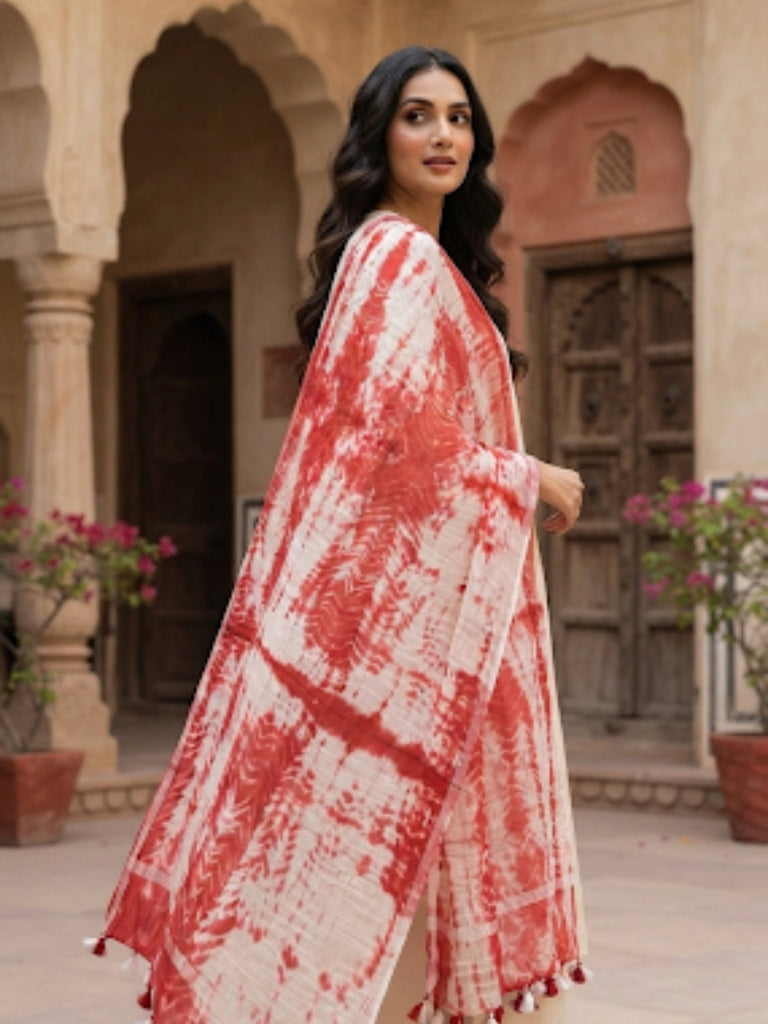 Red linen Shibori Dupatta
