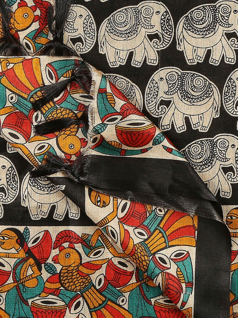 Ethnic Elephant Printed Black & Multi Art Silk Dupatta