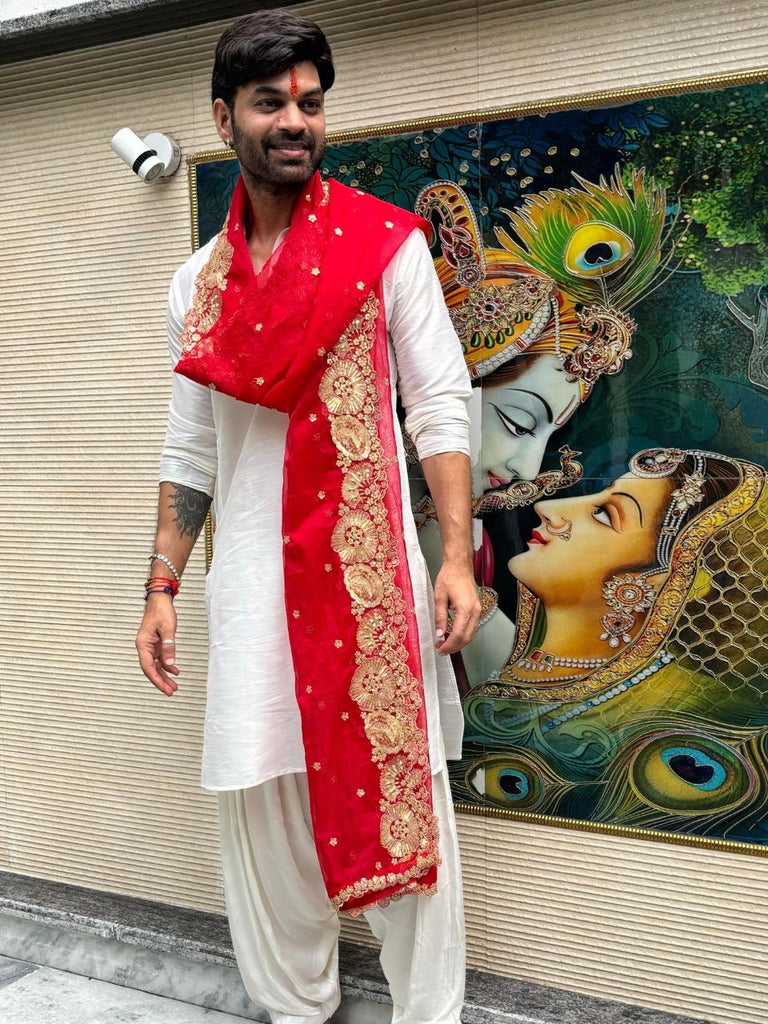 Men's Embroidered Red Organza Dupatta for Kurta/Sherwani/Achkan