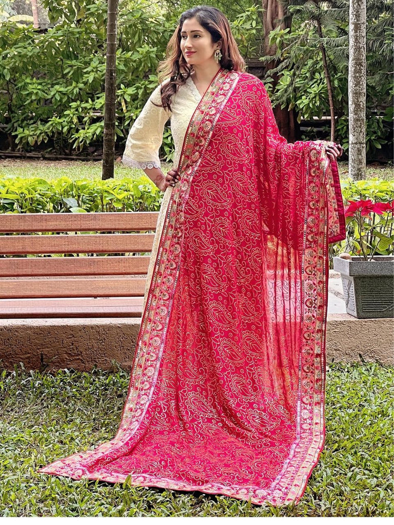 Red Georgette Dupatta with Heavy Embroidery & Sequins Work