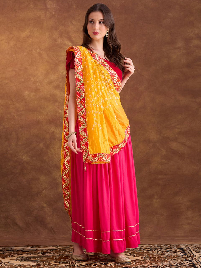 Mango Yellow Bandhini Silk dupatta with Gotta Patti Border