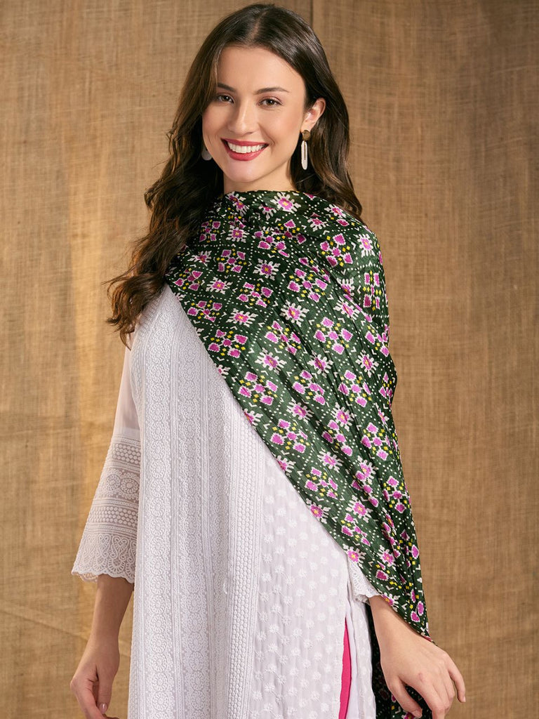 Green Patola Printed Art Silk Crushed Dupatta