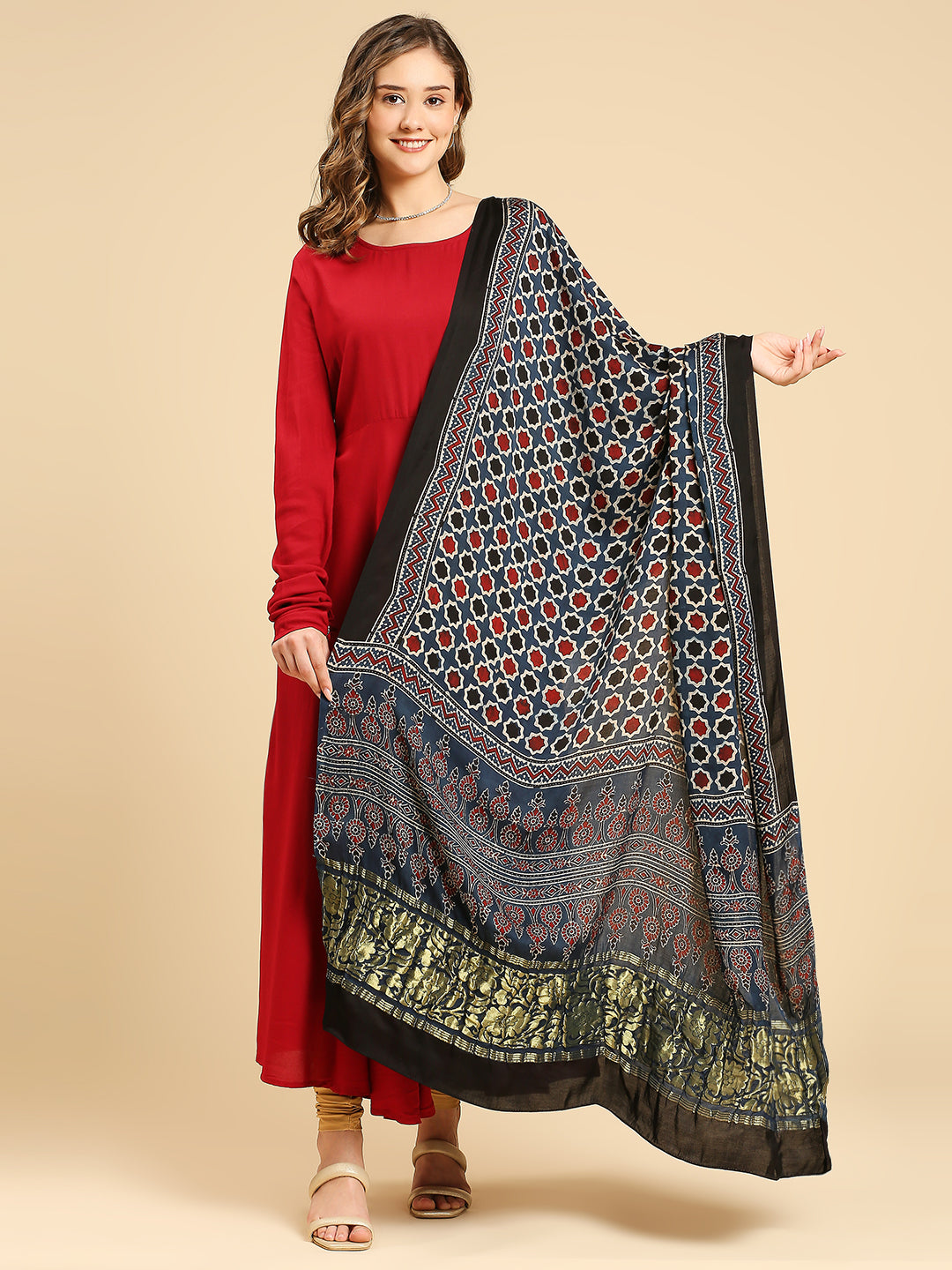 Black - Modal Silk Block Print Ajrakh Dupatta 97 main image 1