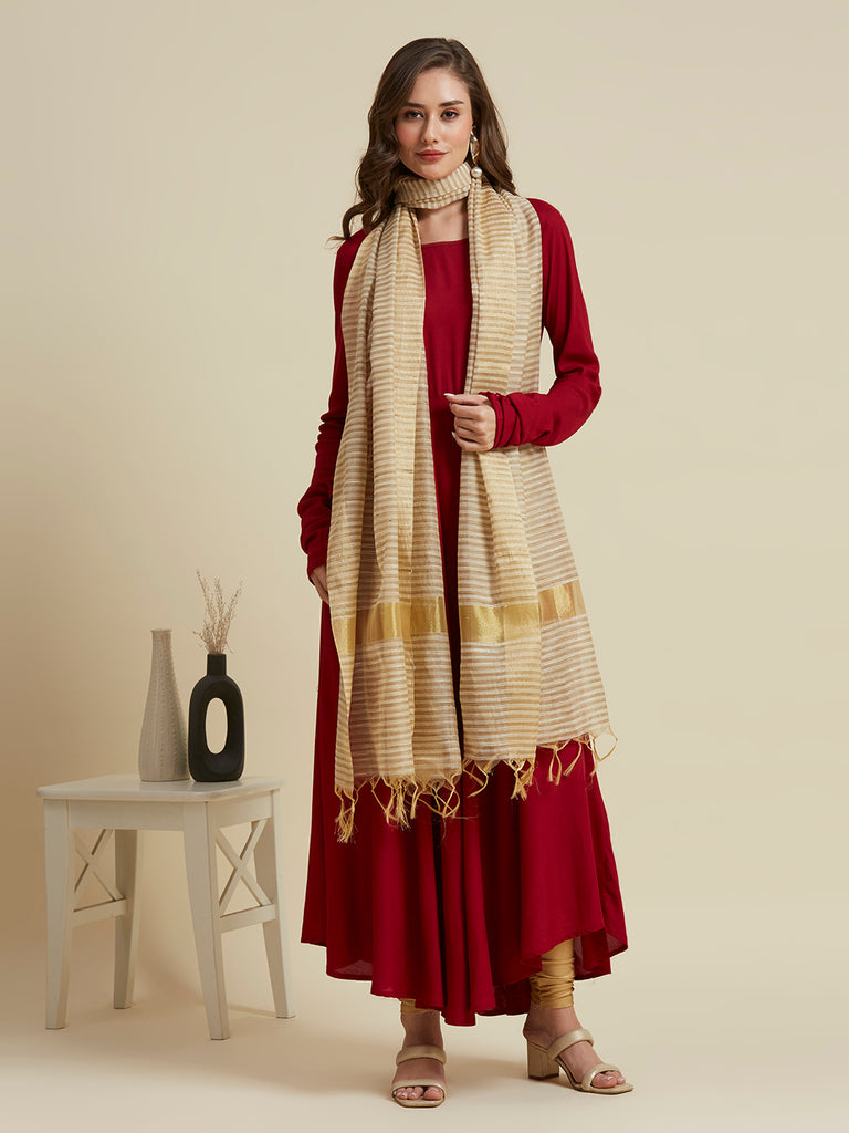 Beige Banarasi Striped Tissue Dupatta