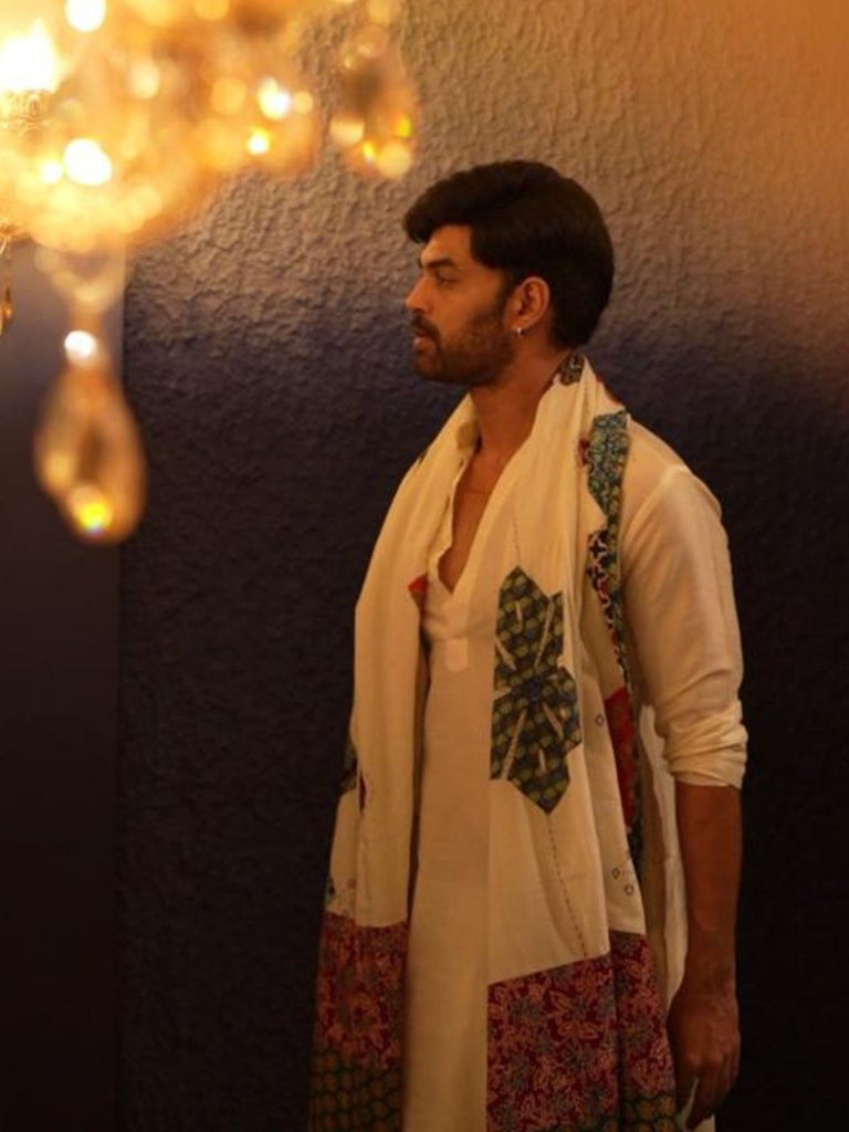 Men's White Patchwork Pure Cotton Dupatta