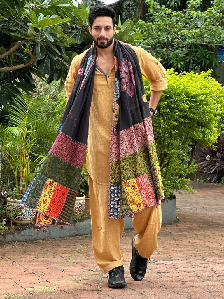 Men's Black Patchwork Pure Cotton Dupatta