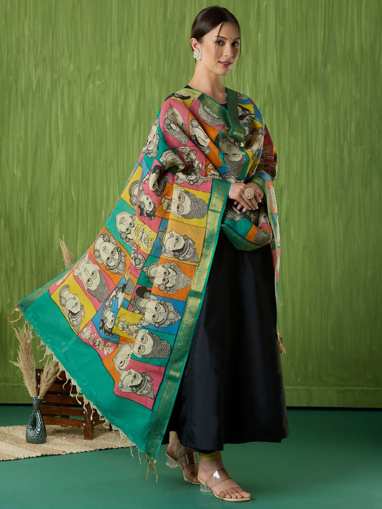 Multicolour Hand Painted Kalamkari Pure Chennur Silk Dupatta