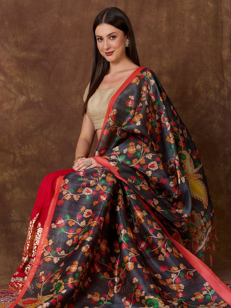 Ethnic Pichwai Printed Black & Multi Assam Silk Dupatta