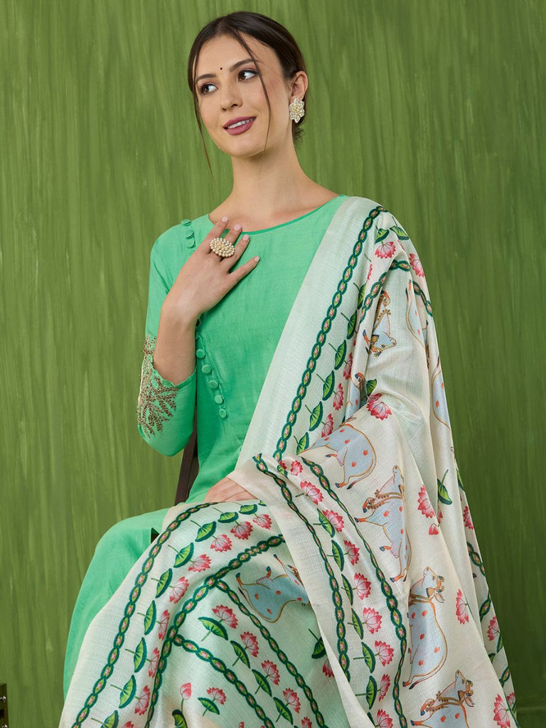 Ethnic Pichwai Printed Off White & MultiAssam Silk Dupatta