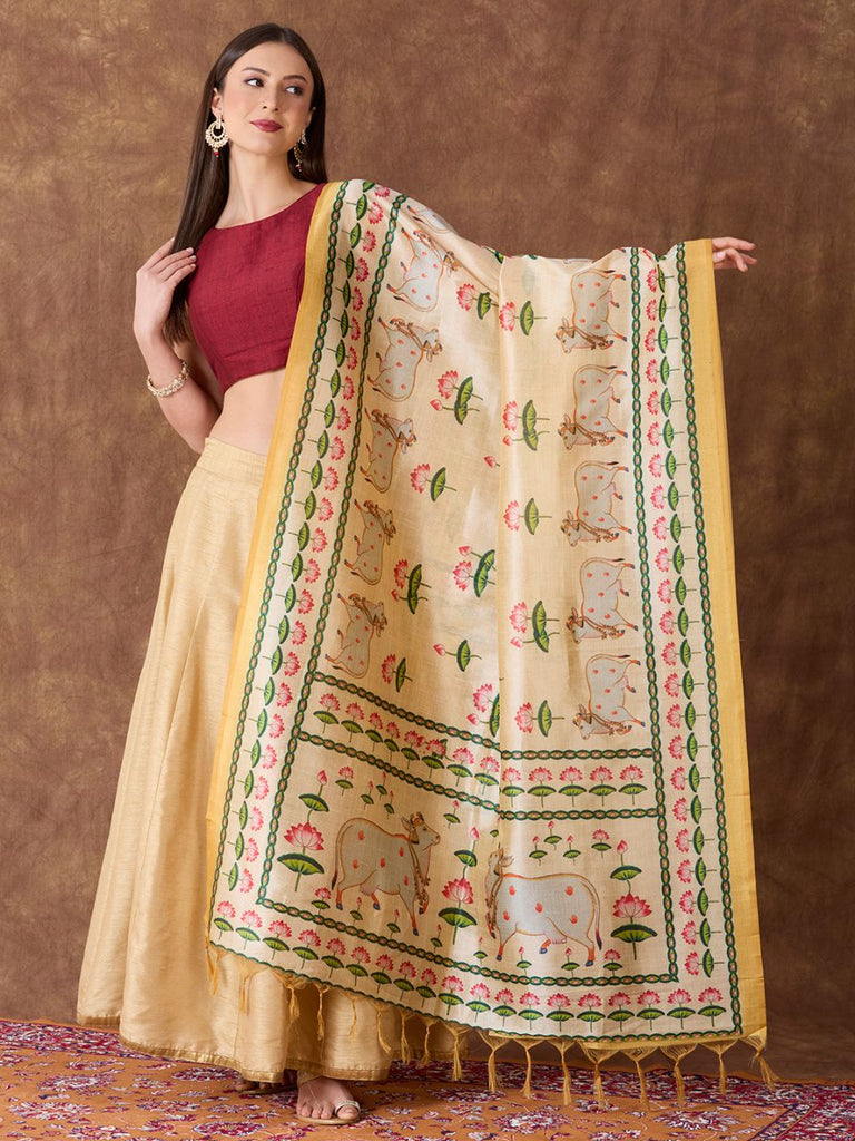 Ethnic Pichwai Printed Cream & Multi Assam Silk Dupatta