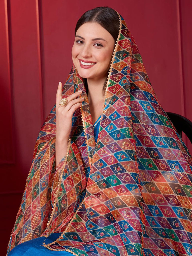 Multi Printed Organza Dupatta with Gold Foil Print Lining