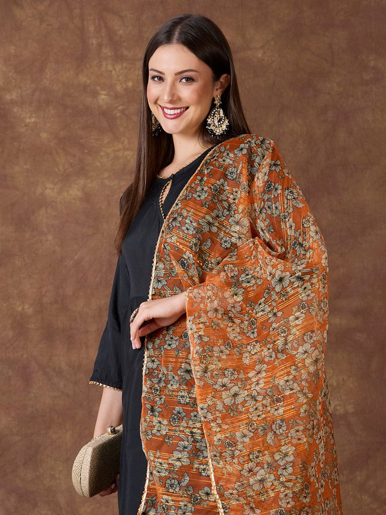 Orange Floral Printed Organza Dupatta with Gold Foil Print Lining