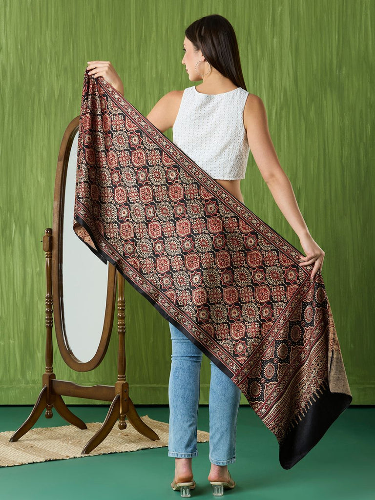 Black Hand Block Print Mushru Stole/Dupatta