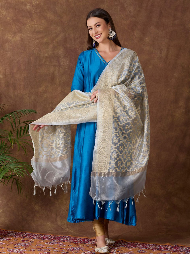 Silver & Gold Banarasi Tissue Silk Dupatta with Woven Floral Motifs