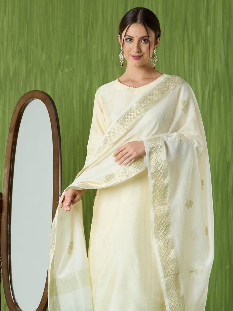 Off White Banarasi Chanderi Silk Dupatta with Woven Floral Motifs