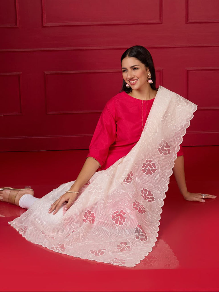 Off White Embroidered Chandei Dupatta with Floral Embroidery