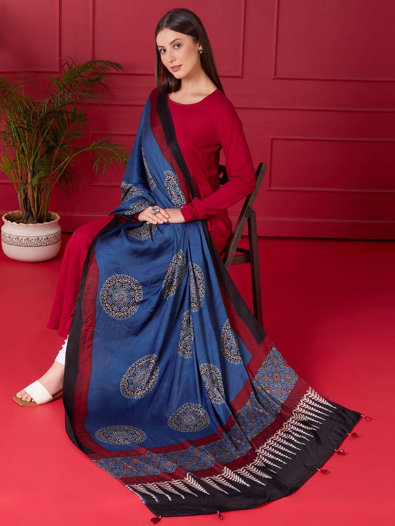 Indigo Modal Silk handblock Printed Ajrakh Dupatta