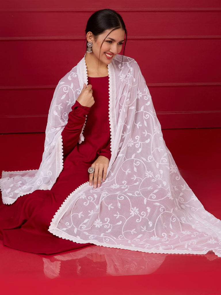White All Over Embroidered Chiffon Dupatta