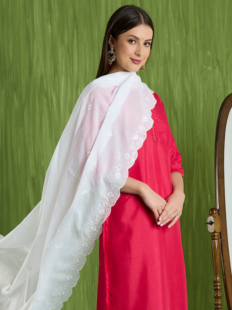 White Embroidered Pure Cotton Dupatta with Scallops