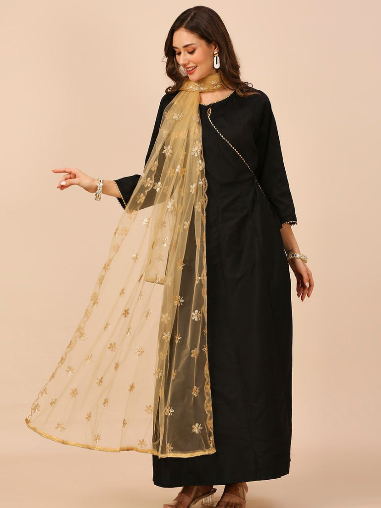 Motif Embroidered Gold Net Dupatta