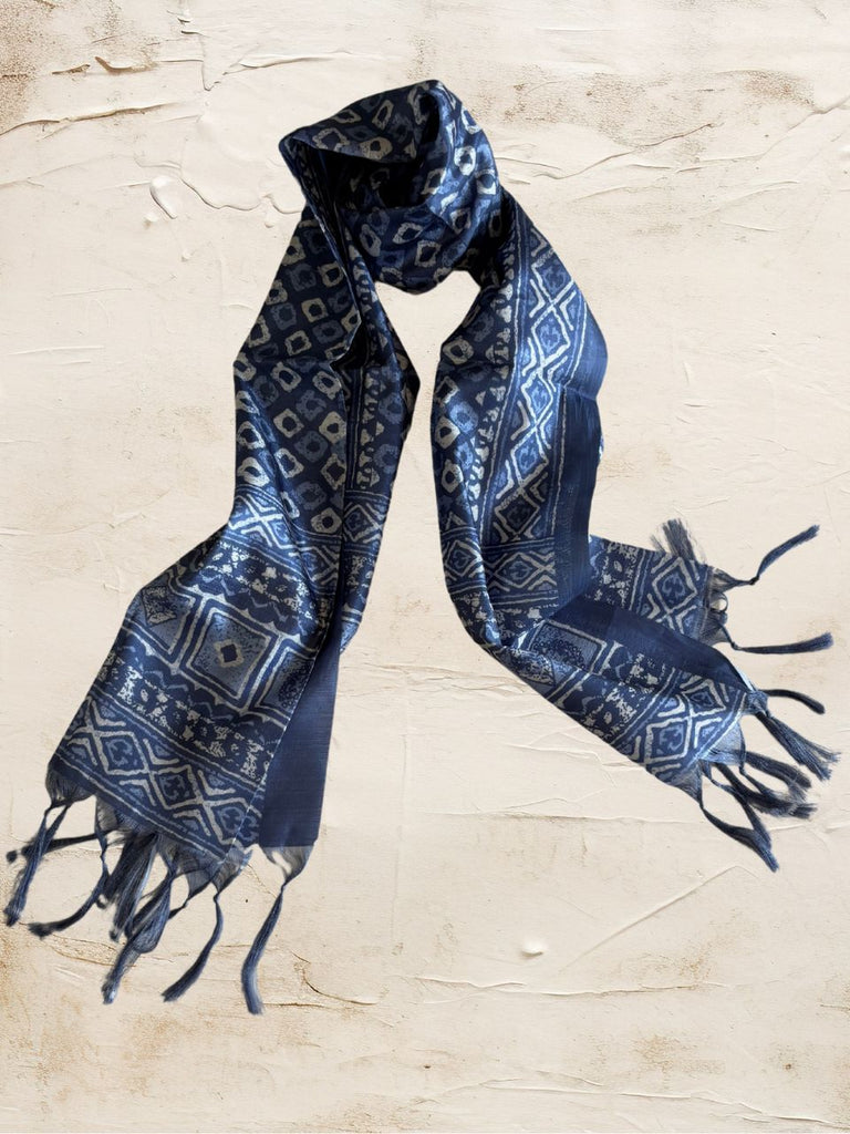 Indigo Printed Art Silk Stole/Scarf
