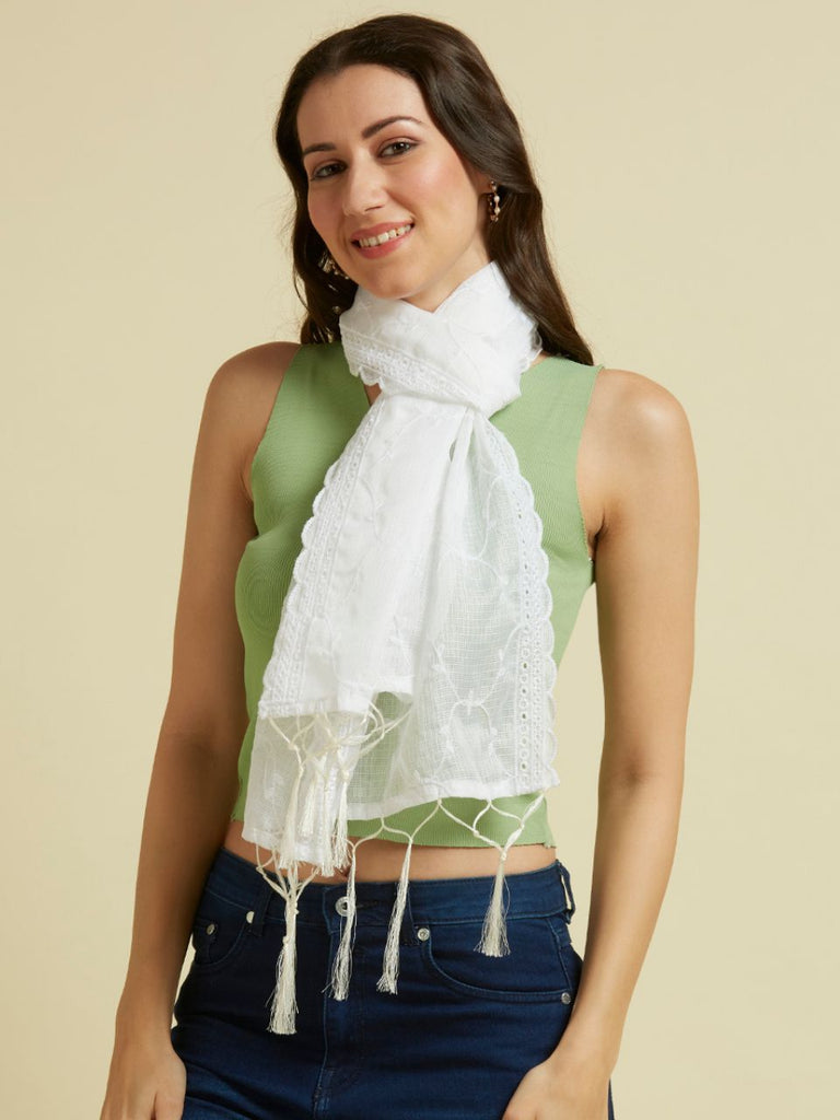 White Embroidered Stole in Blended Cotton