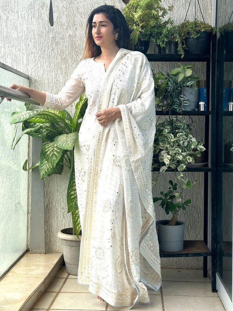 Embroidered Off White Georgette Dupatta with Mirror