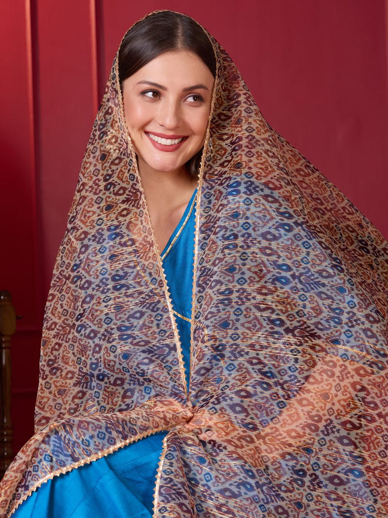 Beige & Multicolour Floral Printed Organza Dupatta with Gold Foil Print Lining
