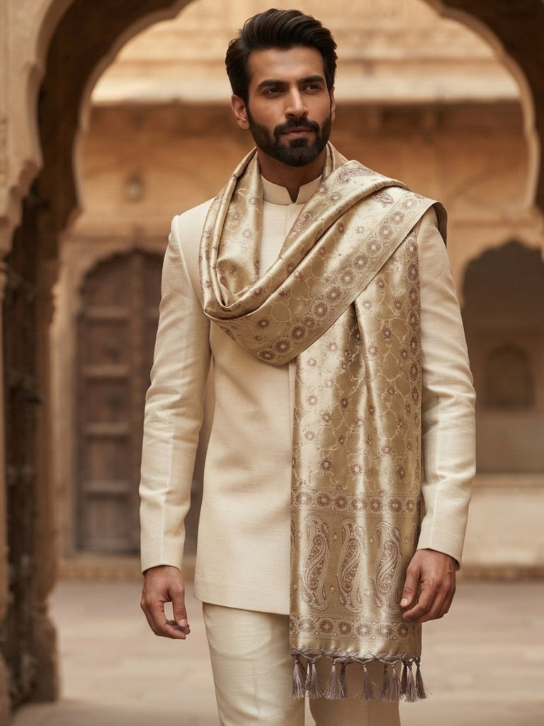 Men's Beige Tissue Silk Dupatta for Kurta/Sherwani/Achkan