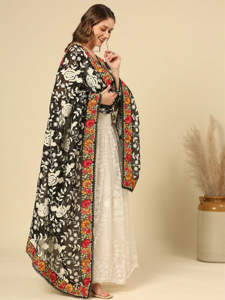 White Georgette Dupatta with Floral Embroidery and Black Border