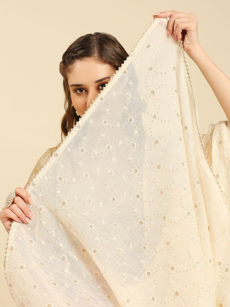 Cream Pure Cotton Dupatta All Over floral embroidery