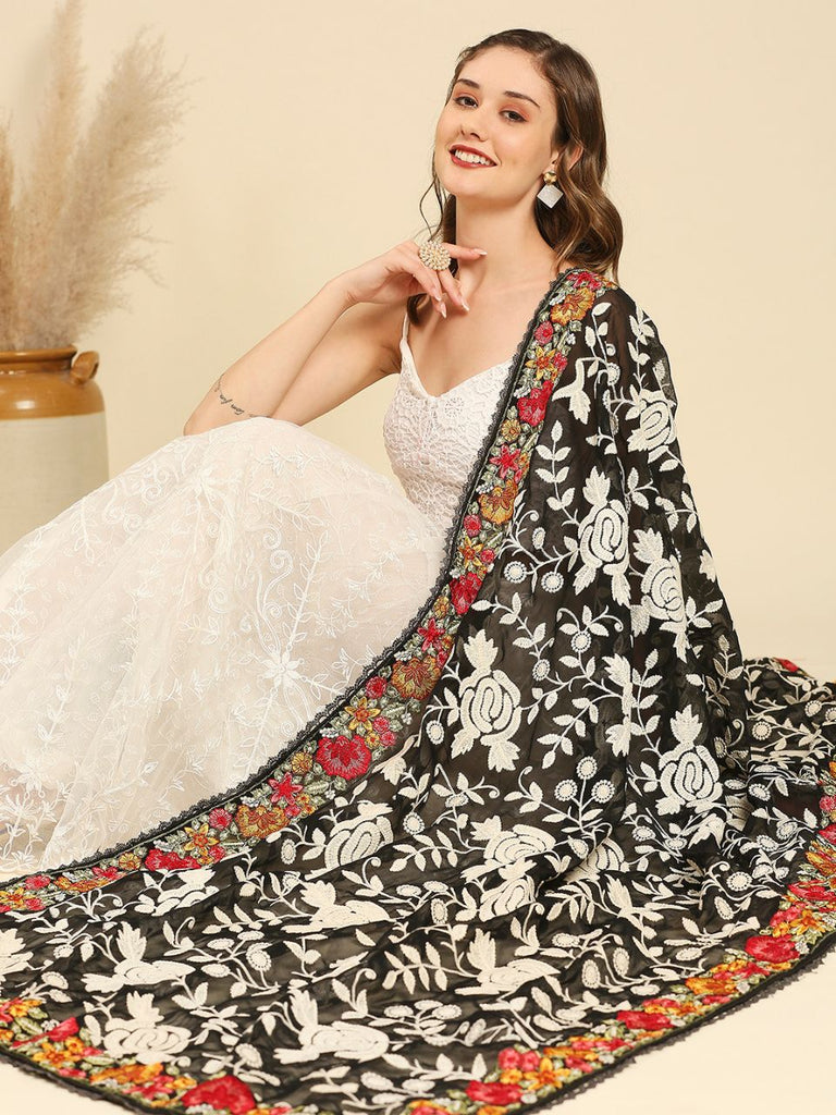 Black Heavily Floral Embroidered Georgette Dupatta