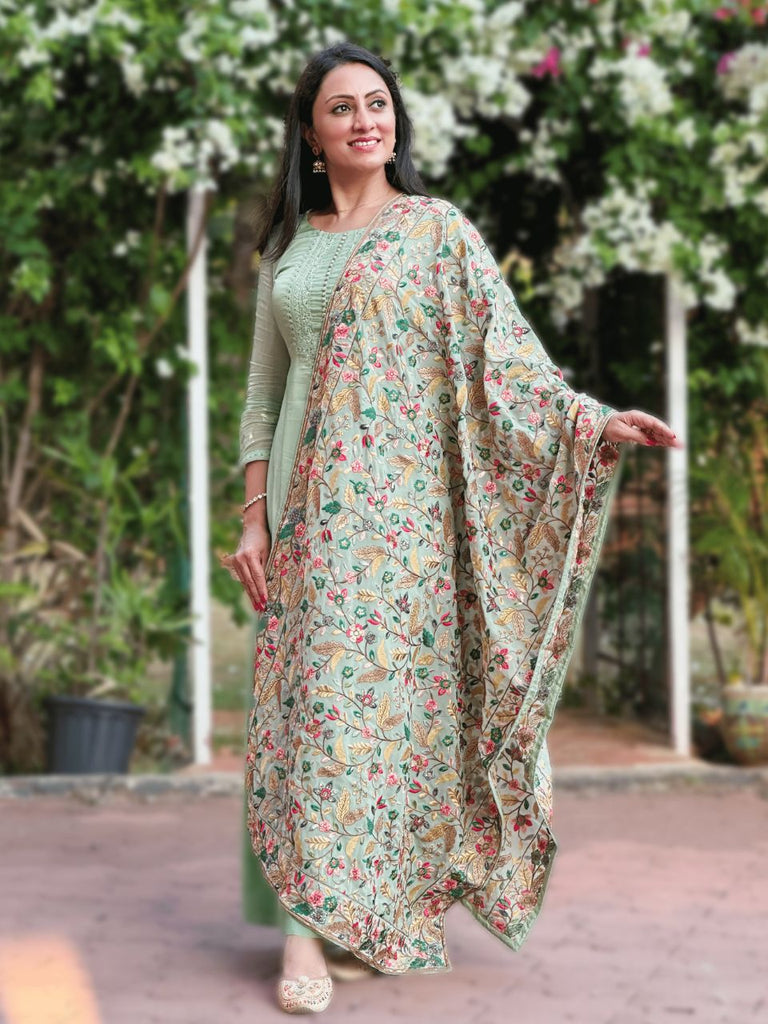 Pista Green Dupatta with Heavy Multicolour Embroidery