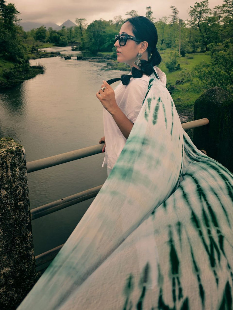 Green & White Shibori Chiffon Dupatta