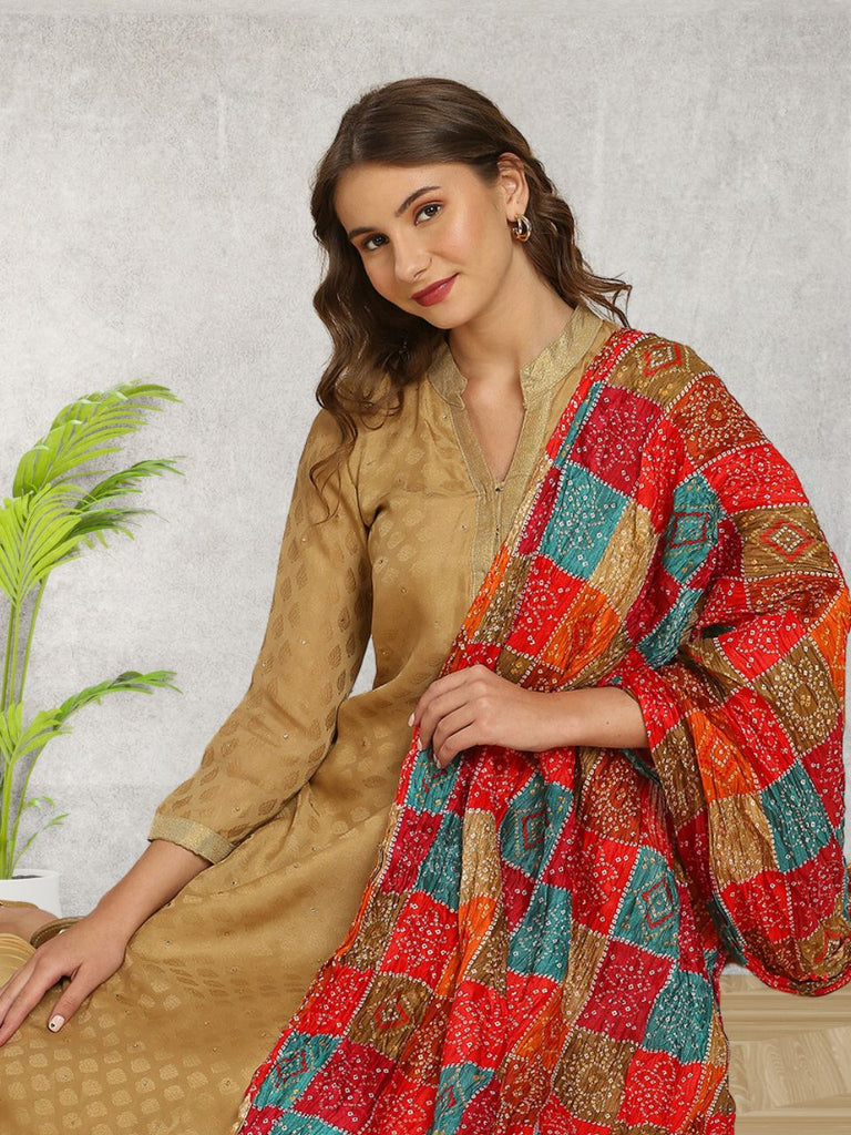 Multicoloured Bandhani Printed Art Silk Crushed Dupatta