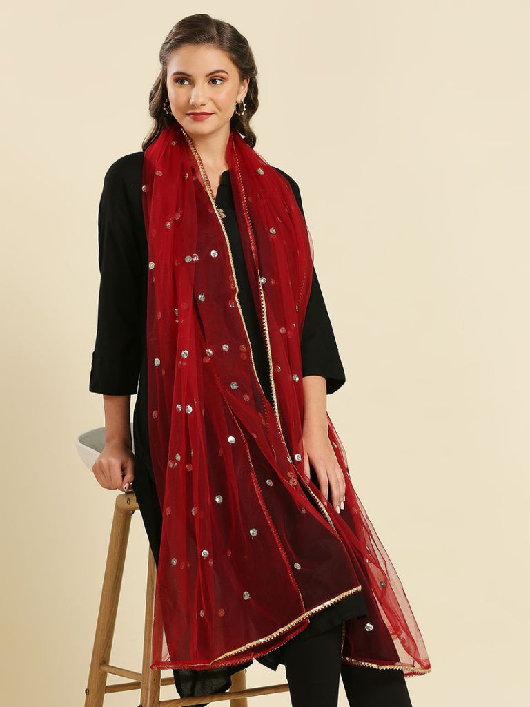 Maroon Sequin Embroidered Net Dupatta