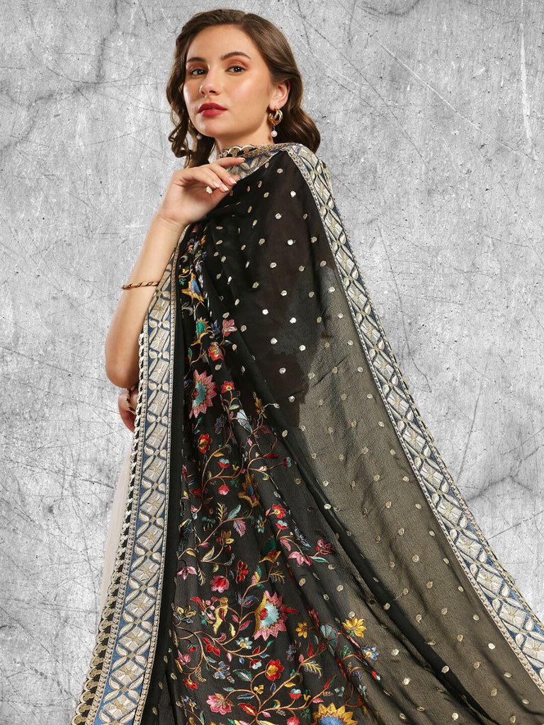 Heavily Embroidered Designer Black & Multicolour Chinnon Dupatta – Dupatta Bazaar