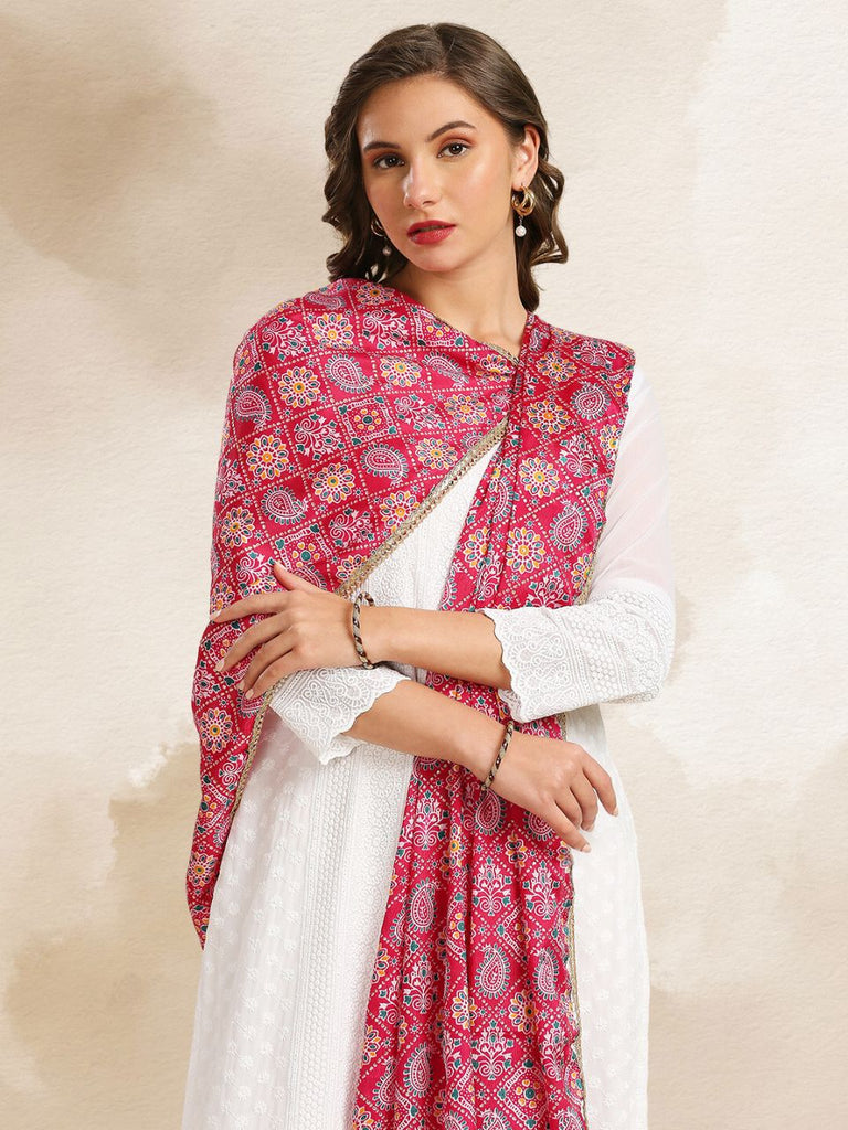 Rani Pink Printed Poly Chinnon Dupatta