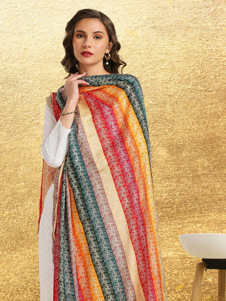 Multicolour Striped Printed Poly Chinnon Dupatta