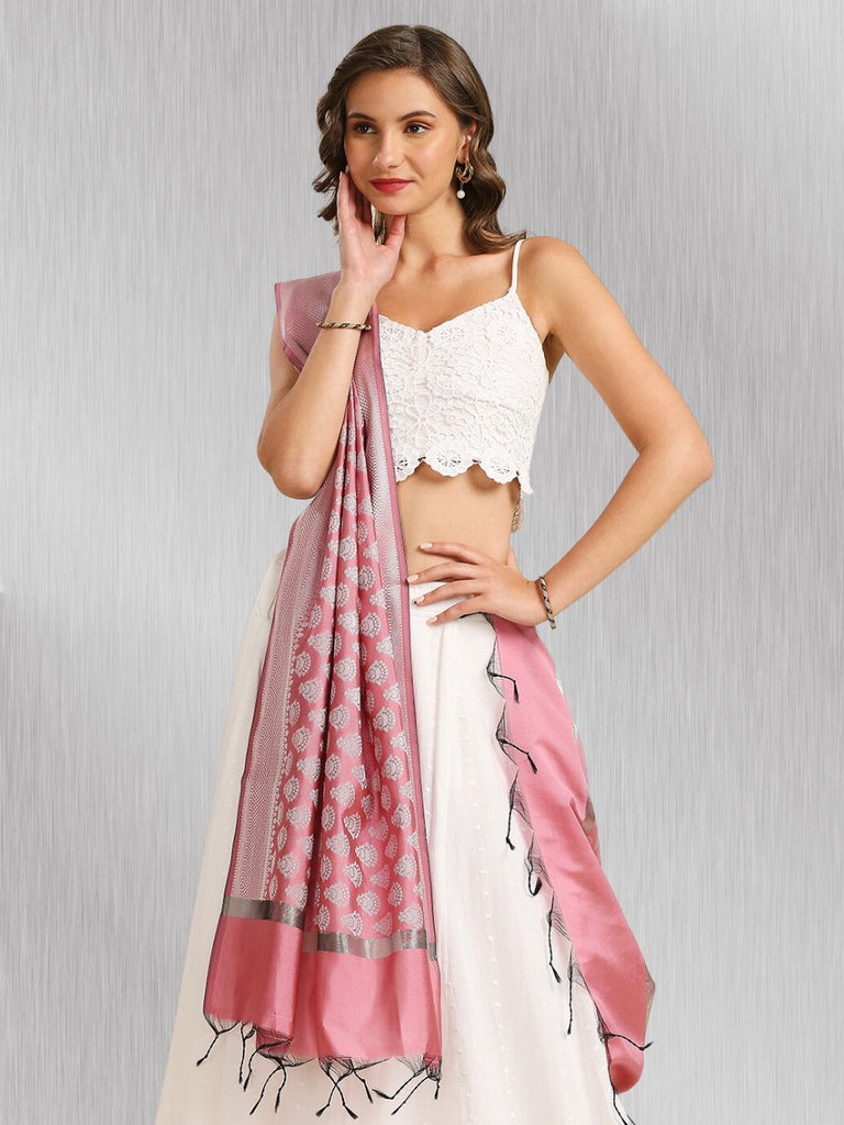 Onion Pink Banarasi Silk Dupatta with Silver Border